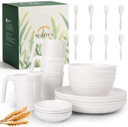 Wrova Wheat Straw Dinnerware Sets 24-Piece, White Plates and Bowls Set