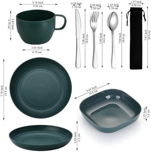 Camping Utensils Set, ReaNea Camping Plates and Bowls Set with Coffee Mug, Travel Cutlery Set Include Spoon, Fork, Knife for Home, Poolside, Outdoor, Picnic, Camp