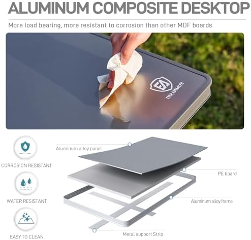 EVER ADVANCED Large Camping Table for 4-6 Person, Portable Folding Aluminum Table with Carrying Handle, Suitable for BBQ, Picnic, Camping and Indoor Use, Support up to 130LBS, Gray