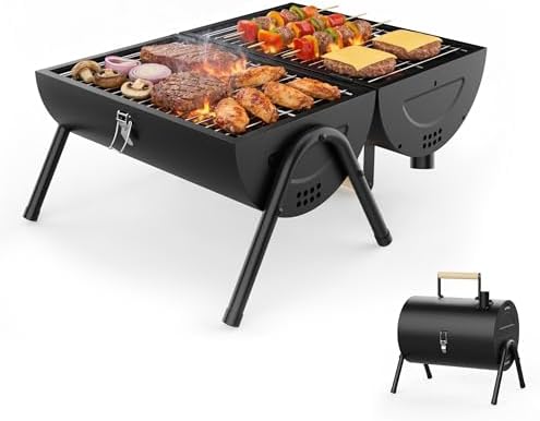 Portable Charcoal Grill with Warming Rack, Wooden Handle, Tabletop BBQ Grill for Outdoor Barbecue Camping Picnic Backyard Patio, Black