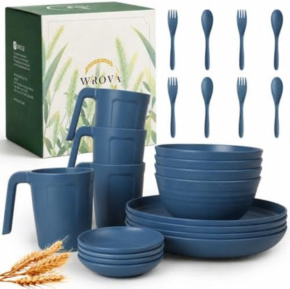 Wrova 24PCS Wheat Straw Dinnerware Sets, Unbreakable Blue Dishes Set for 4