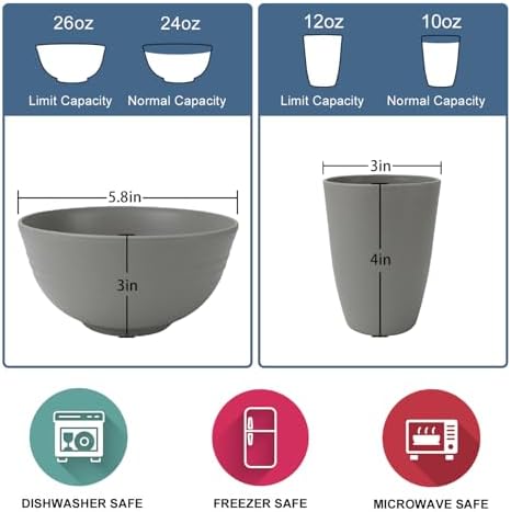 Wrova 40Pack plates and bowls sets for kitchen - Unbreakable wheat straw dinnerware sets service for 8 - Alternative plastic 40pcs dish sets for picnic,camping and R.V. - (Grey)