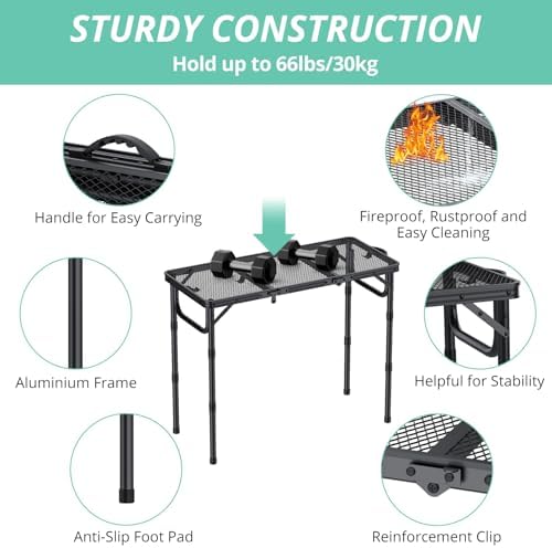 VINTEAM Folding Grill Table with Mesh Top, 3 Adjustable Heights, Lightweight Portable Camping Table, Black Aluminum Alloy BBQ Picnic Table for Outdoor Cooking, Tailgating, Beach, RV & Backyard