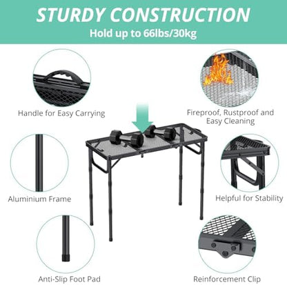 VINTEAM Folding Grill Table with Mesh Top, 3 Adjustable Heights, Lightweight Portable Camping Table, Black Aluminum Alloy BBQ Picnic Table for Outdoor Cooking, Tailgating, Beach, RV & Backyard