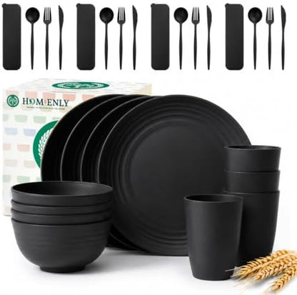 Homienly Plates and Bowls Sets 28 Pcs Black Wheat Straw Dinnerware Sets