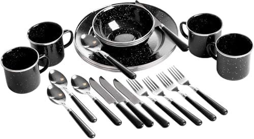 24-Piece Deluxe Enamel Tableware Set, Lightweight Durable Camp Dish Set for 4 People, Enamel Plates Bowls Mugs with Utensils for Camping Backpacking Home