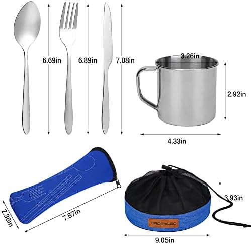 Stainless Steel Camping Cutlery Set - 8 Piece, Includes Spoons, Mugs, Bowls, Plates, Rags & Organizer Straps - Easy to Carry for Backpacking, Camping, Hiking and Picnics