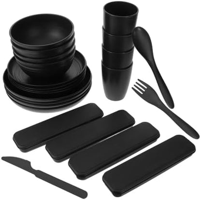 Black Bowl Plate Dinnerware Set 4 Sets Xmas Portable Reusable PP Picnic