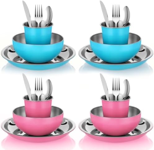 Jinei 24 Pcs Stainless Steel Camping Dinnerware Set for 4,Pink and Blue