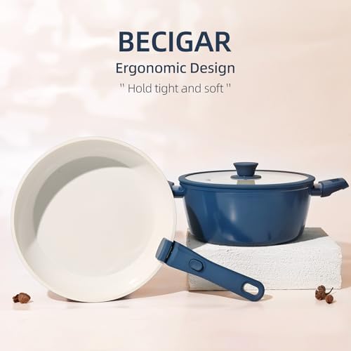 BECIGAR 23pcs Ceramic Pots and Pans Set, Nonstick Detachable Handle Cookware, Induction Kitchen Cooking Set with Removable Handle,include Frying Pans & Saucepans Oven Safe(Blue)