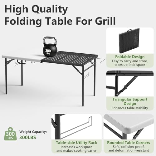 Folding Table, 5ft Folding Grill Table, Portable Camping Prep Table for Cooking & BBQ, 2-in-1 Metal&Solid Surface Foldable Grill Station for Camping, Backyard, Patio Cooking Use,(Black and White)