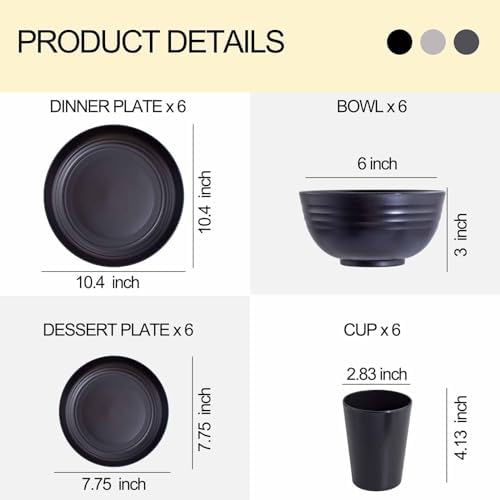Rubtlamp 24Pcs Kitchen Plastic Wheat Straw Dinnerware Set,Dinnerware Sets for 6,Microwave Dishwasher Safe Plates, Unbreakable Reusable Plastic Wheat Straw Bowls & Plate for Camping