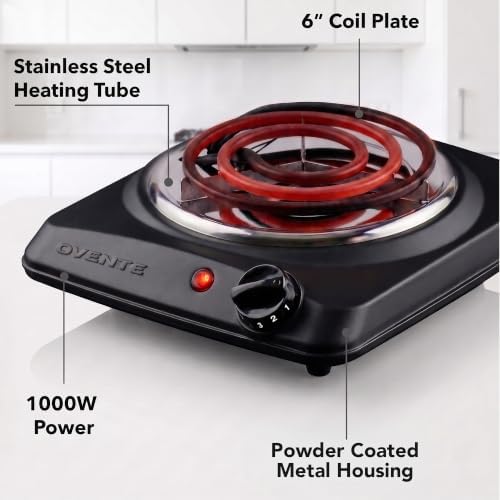 OVENTE Electric Hot Plate, 1000W Single Burner, 6-Inch Coil, Black BGC101B