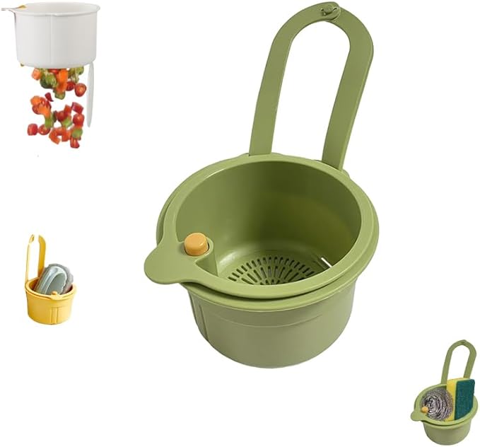 Sink Strainer Basket, Hanging Kitchen Sink Strainer Basket, Press to Dump, Easy Installation, Food Fruit & Vegetable Drainer Rack, Corner Waste Collector (Green)