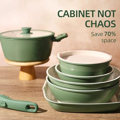 BECIGAR 23pcs Ceramic Pots and Pans Set, Nonstick Detachable Handle Cookware, Induction Kitchen Cooking Set with Removable Handle,include Frying Pans & Saucepans Oven Safe(Green)