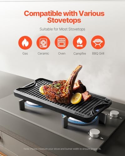 VEVOR Reversible Grill/Griddle, 20x10 inch Pre-Seasoned Cast Iron Griddle, Portable Rectangular Pan with Handle, Family Cookware for Indoor/Outdoor Stove Top Burner, Gas, Camping BBQ, Black