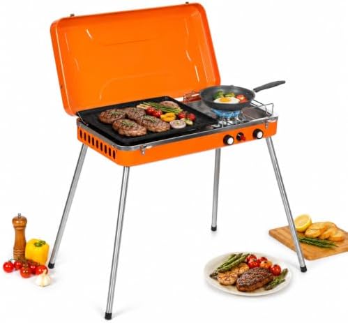 Propane Camping Grill 11,720 BTU Dual Burner, Portable 2-in-1 Tabletop BBQ Stove with Non-Stick Coating, Anti-Slip Mats, Easy Carry Handle for Camping, Picnics, Tailgating