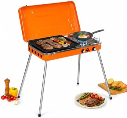Propane Camping Grill 11,720 BTU Dual Burner, Portable 2-in-1 Tabletop BBQ Stove with Non-Stick Coating, Anti-Slip Mats, Easy Carry Handle for Camping, Picnics, Tailgating