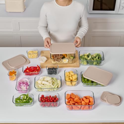 Glass Food Storage Containers with Lids — 8 Piece — 57.5 oz & 40.57 oz Glass with BPA-Free Leak Resistant Stackable Lids — Microwave, Oven & Dishwasher Safe — Ideal for Meal Prep & More Cashew Cream