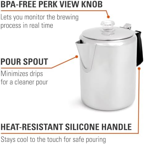 GSI Outdoors Percolator Coffee Pot I Glacier Stainless Steel with Silicone Handle for Camping, Backpacking, Travel, RV & Hunting - Stove Safe