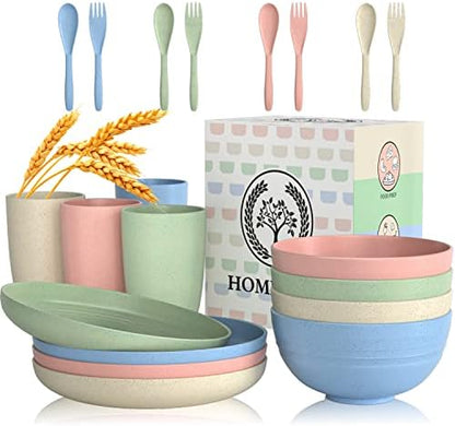 Homienly Wheat Straw Dinnerware Sets 20 PCS Plates and Bowls Sets Microwave and Dishwasher Safe Dish Set Unbreakable Camping Dish Set Cups and Plates Sets for Kitchen, Picnic, RV (Multilight)