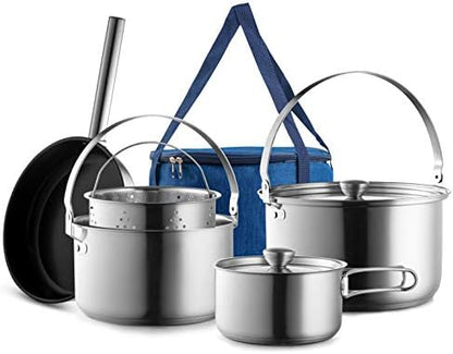 Camping Cookware Set 304 Stainless Steel 8-Piece Pots & Pans Open Fire Cooking Kit | Frying Pan Steamer with Travel Tote Bag | Compact For Outdoors & Indoors Kitchen Campfire Hiking RV