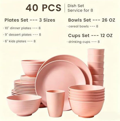 Homienly Unbreakable 40 PCS Wheat Straw Dinnerware Sets Service for 8 Pink