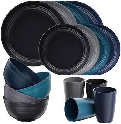 Quatish 16 Pcs Plates and Bowls Sets, Plastic Dinnerware Sets for 4, Blue