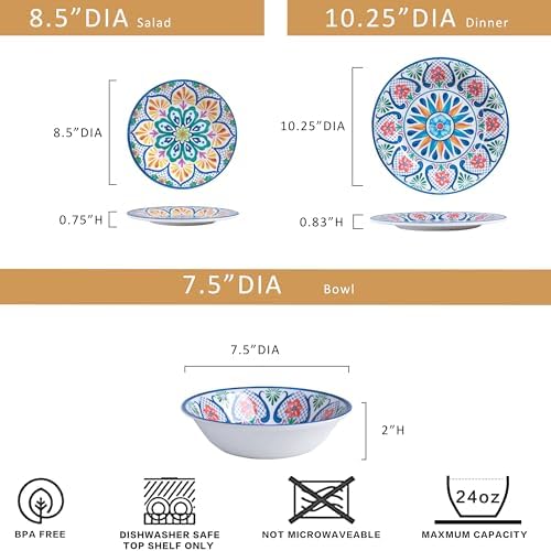 Melamine Dinnerware Sets, 12-Piece Dinner Dishes Set Service for 4