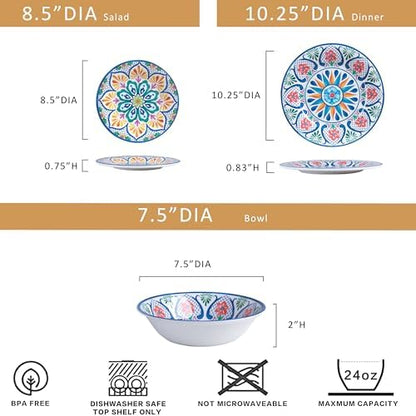 Melamine Dinnerware Sets, 12-Piece Dinner Dishes Set Service for 4