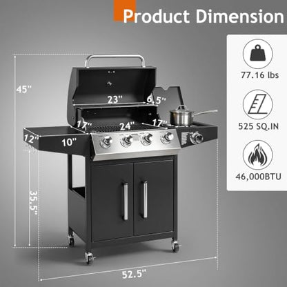 ROVSUN 4-Burner Propane Gas BBQ Grill with Side Burner & Enameled Cast Iron Grates, 58,000 BTU Barbecue Grill with Wheels for Outdoor Patio Backyard Cooking Grilling, Black