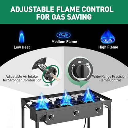 3 Burner Propane Camping Stove|225,000 BTU High-Pressure Gas Stove with Regulator|Portable for Backyard, Patio BBQ, Outdoor Cooking|parrillas de gas para cocinar afuera
