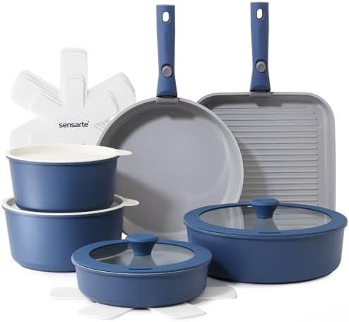 SENSARTE 17 Piece Ceramic Detachable Handle Pots and Pans Set Navy
