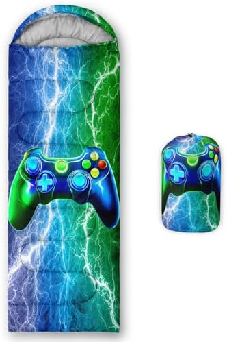 Axolotl Blue Gamepad Sleeping Bag,Waterproof Lightweight Gaming Sleeping Bag Game Console Camping Bag for Boys Teens,Warm and Cool Weather Green Portable Sleeping Bag for Camping Outdoor Indoor