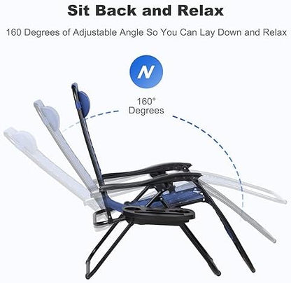 Nazhura Set of 2 Relaxing Recliners Patio Chairs Adjustable Steel Mesh Zero Gravity Lounge Chair Beach Chairs with Pillow and Cup Holder (Blue)