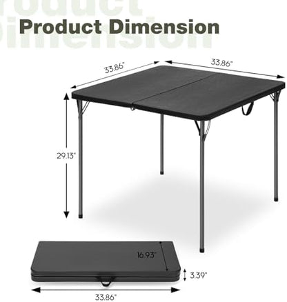 34" Square Folding Table for 4 Person, 330lbs Weight Capacity Foldable Table with HDPE Tabletop & Heavy-Duty Steel Legs, Large Portable Picnic Table for Indoor Outdoor Parties, Camping, Black, 2 Pack