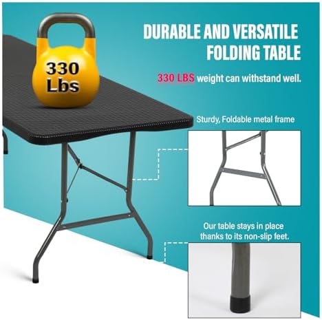 FDW | 6FT Folding Table | Black Ratten | Portable Plastic Table
