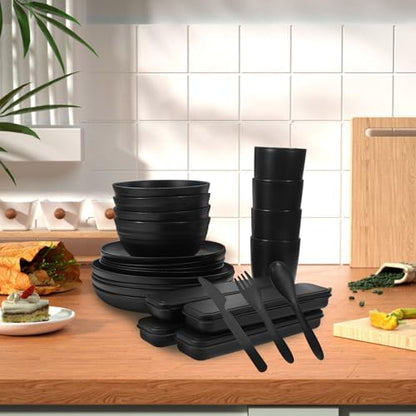 Toyvian 4 Sets Camping Tableware Set with Bowl, Plate, Cup, Spoon, Fork, and Cutter in Black, Made of Sturdy Pp Material, Easy to Clean and Burr-free Utensils for Outdoor Hiking and Picnic