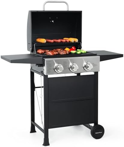 MASTER COOK 3 Burner BBQ Propane Gas Grill, 472 Sq. In. Cooking Area, 30,000 BTU Stainless Steel Barbecue Grill with Two Foldable Shelves for Outdoor Patio, Backyard
