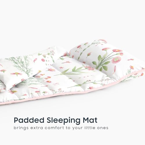 Wake In Cloud - Toddler Nap Mat with Pillow and Blanket, 100% Cotton Fabric, for Kids Girls Ages 3 Plus in Daycare Kindergarten Preschool, Sleeping Bag, Botanical Flowers