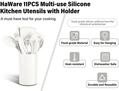 HaWare 11 PCS Silicone Cooking Utensils Set, Heat Resistant Kitchen Utensils with Holder, Food-grade Spatula Sets for Nonstick Cookware, Kitchen Tools Gadgets Include Fish Turner, Spoon (White)