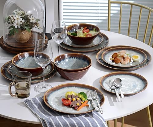 Melamine Dinnerware Sets,12Pcs Plate and Bowl Set,Unbreakable and Lightweight Dish Set,Great for Camping and RV,BPA free,Dishwasher Safe(Sandy Brown)
