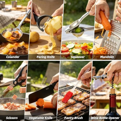 Jorunhe Camping Cooking Utensils Set – Portable Outdoor Cooking Utensils for Camping, RV, Backpacking & BBQ | Complete Camp Kitchen Gear Set with Carry Bag, Grilling Tools & Cooking Accessories