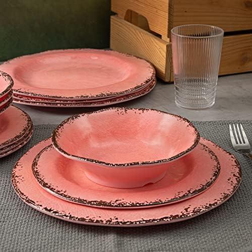 LEHAHA Pink Vintage Melamine Dinnerware Sets, Farmhouse RV Dishes Set for 4