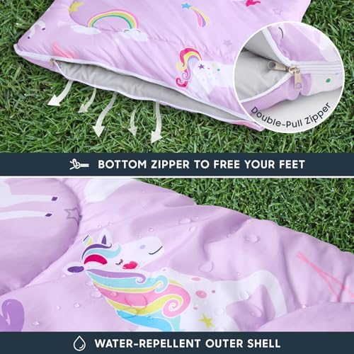 Wake In Cloud - Kids Sleeping Bag for Girls Toddlers, Camping in Warm Cold Weather, Backpacking Lightweight Compact Outdoor Liner for 3 Seasons, Unicorns Rainbow Clouds