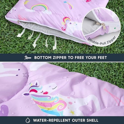 Wake In Cloud - Kids Sleeping Bag for Girls Toddlers, Camping in Warm Cold Weather, Backpacking Lightweight Compact Outdoor Liner for 3 Seasons, Unicorns Rainbow Clouds