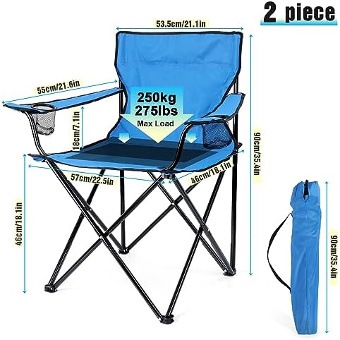 Foldable Camping Chair Set of 2, HaSteeL Folding Camp Chairs & Carrying Bags for Adults, Portable for Lawn, Outdoors, Fishing, Hiking, Travel, Picnic, Beach, Oversized & Supports 275lbs (Black & Blue)