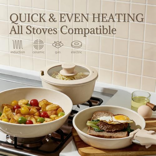 Ceramic Cookware Set Non Stick 8Pcs Pots and Pans Set Detachable Handle Induction Kitchen Cooking Set with Frying Pans Oven Dishwasher Safe, PFAS/PFOA Free, Cream White