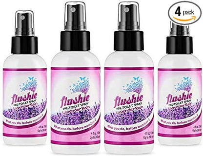 Flushie Pre-Toilet Spray for Poop Travel Size Toiletries Bathroom Spray for Poop Spray for Toilet Traveling Essentials Poop deodorizer Poop Odor eliminator (4oz Lavender Rain, 4 pack)