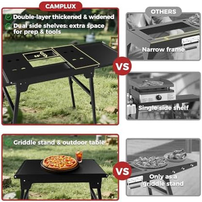 CAMPLUX Griddle Stand for 17” / 22” Tabletop Griddles, Foldable Grill Stand with Dual Side Shelves, 18.1–29.2” Adjustable Height, Anti-Rust Outdoor Griddle Table for Camping & Tailgating